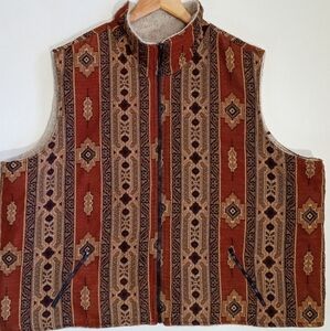 Blair Hickory reversible tapestry/fleece zip up vest w/ Southwestern patch work